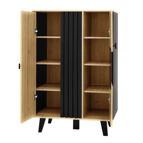 Buffet Vitrine LED 80 cm Salon Noir et Bois avec Portes Vitrées, Meuble de Rangement et Étagères