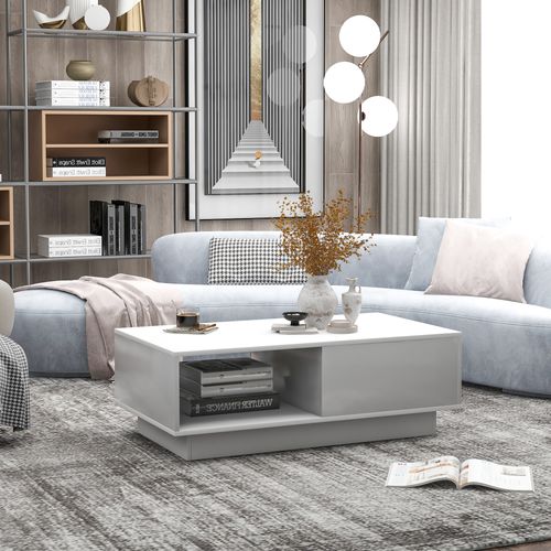 Table Basse LED Blanche Moderne, 15 Couleurs, Rectangulaire 95x55x32 Cm, Idéale Pour Salon Et Déco