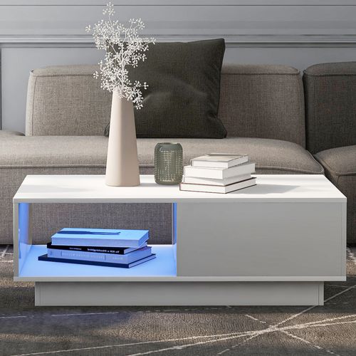 Table Basse LED Blanche Moderne, 15 Couleurs, Rectangulaire 95x55x32 Cm, Idéale Pour Salon Et Déco