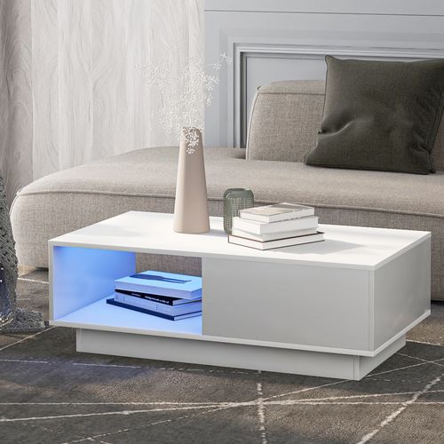 Table Basse LED Blanche Moderne, 15 Couleurs, Rectangulaire 95x55x32 Cm, Idéale Pour Salon Et Déco