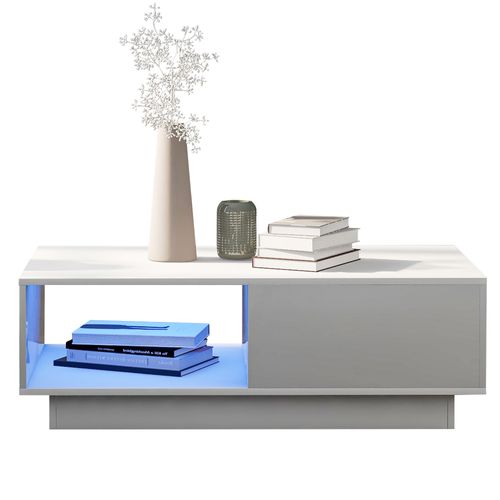 Table Basse LED Blanche Moderne, 15 Couleurs, Rectangulaire 95x55x32 Cm, Idéale Pour Salon Et Déco