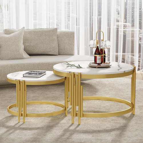 Ensemble Tables Basses Rondes Effet Marbre, Cadre Métal Doré, Deux Tailles Imbriquées Modernes