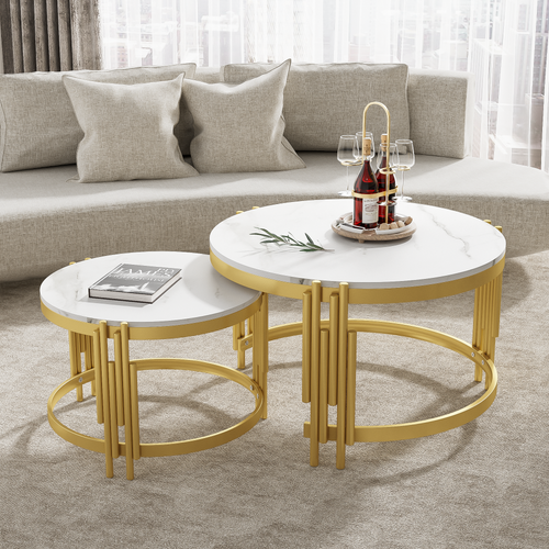 Ensemble Tables Basses Rondes Effet Marbre, Cadre Métal Doré, Deux Tailles Imbriquées Modernes