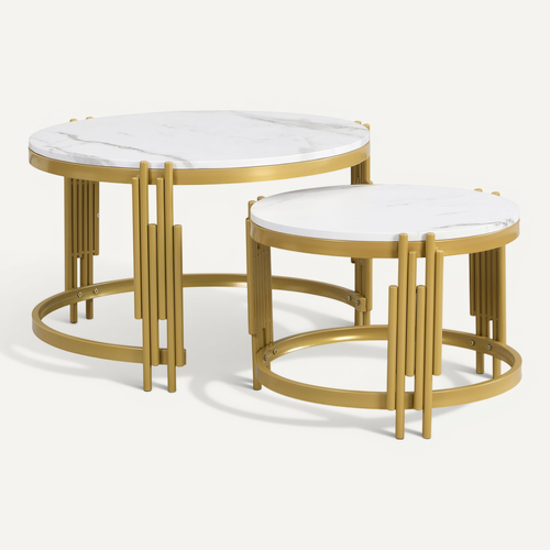 Ensemble Tables Basses Rondes Effet Marbre, Cadre Métal Doré, Deux Tailles Imbriquées Modernes