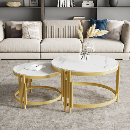 Ensemble Tables Basses Rondes Effet Marbre, Cadre Métal Doré, Deux Tailles Imbriquées Modernes