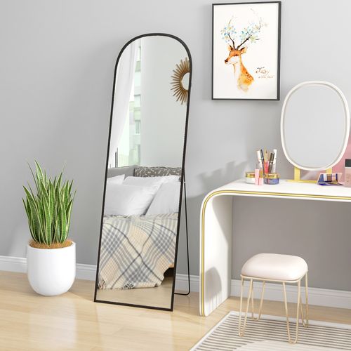 Miroir Pleine Longueur 161,5x50 Cm En Aluminium Noir, Verre HD De Sécurité, Posé Ou Fixé