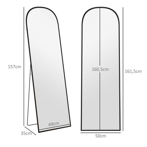 Miroir Pleine Longueur 161,5x50 Cm En Aluminium Noir, Verre HD De Sécurité, Posé Ou Fixé