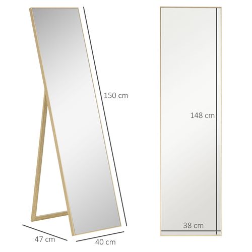Miroir Sur Pied 148x38 Cm En Verre Haute Résolution, Cadre Mdf Bois Clair Effet 3d