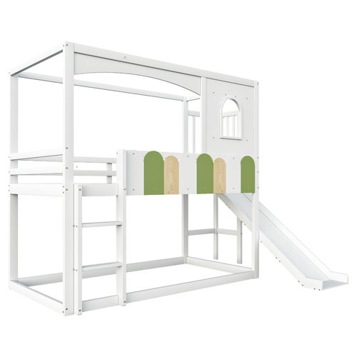Lit Mezzanine 90x200 Cm Avec Structure En Bois Et Toboggan Blanc