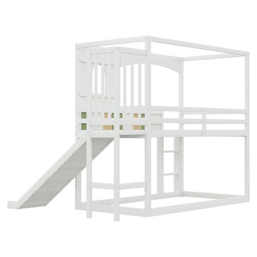 Lit Mezzanine 90x200 Cm Avec Structure En Bois Et Toboggan Blanc