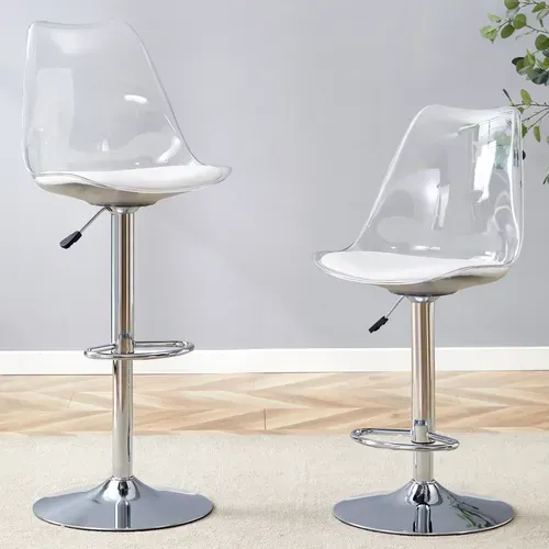 Lot De 2 Tabourets De Bar Argentés Et Transparents Réglables Pivotants Pour Cuisine