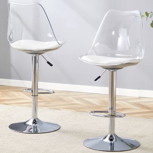 Lot De 2 Tabourets De Bar Argentés Et Transparents Réglables Pivotants Pour Cuisine