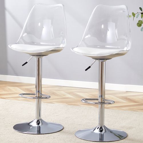 Lot De 2 Tabourets De Bar Argentés Et Transparents Réglables Pivotants Pour Cuisine
