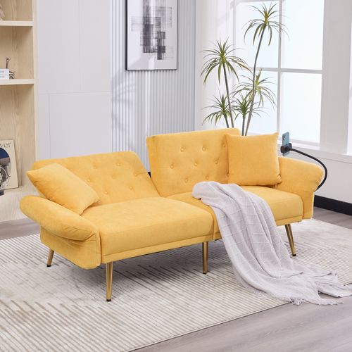 Canapé-lit 2 Places 173x78 Cm Chenille Jaune, Dossier 3 Positions, Ports USB, Poche Et 6 Pieds Métal