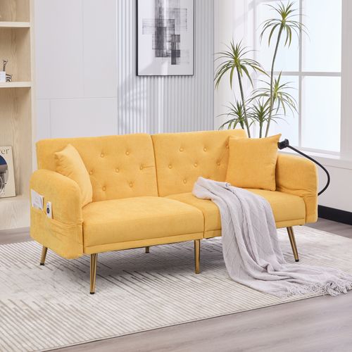 Canapé-lit 2 Places 173x78 Cm Chenille Jaune, Dossier 3 Positions, Ports USB, Poche Et 6 Pieds Métal