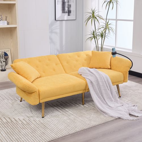 Canapé-lit 2 Places 173x78 Cm Chenille Jaune, Dossier 3 Positions, Ports USB, Poche Et 6 Pieds Métal