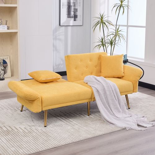 Canapé-lit 2 Places 173x78 Cm Chenille Jaune, Dossier 3 Positions, Ports USB, Poche Et 6 Pieds Métal