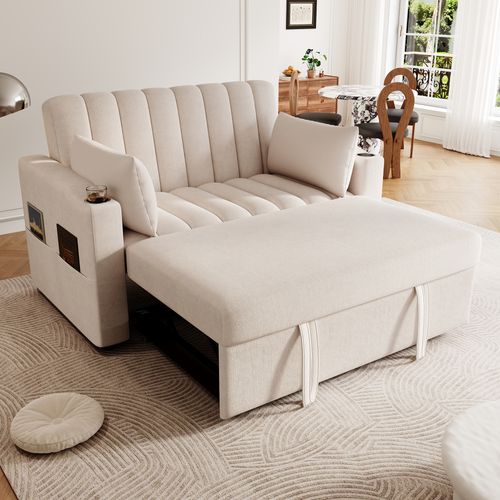 Canapé Convertible 136x162x84 Cm Multifonction En Coton-lin Beige