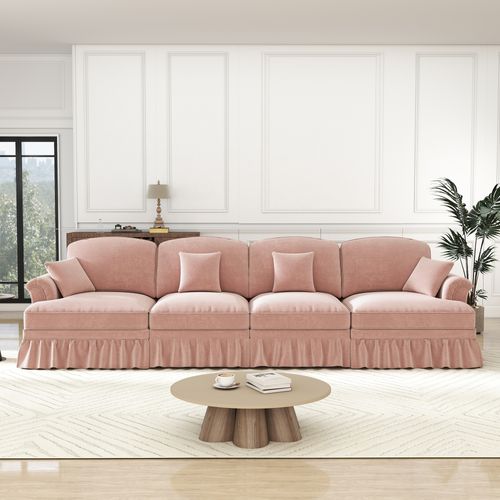 Canapé 4 Places Modulable En Chenille Rose, Jupe Amovible Et Pieds Tournés - Style Mid-century
