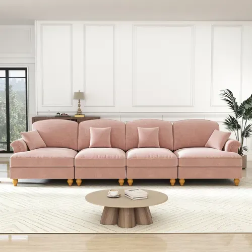 Canapé 4 Places Modulable En Chenille Rose, Jupe Amovible Et Pieds Tournés - Style Mid-century
