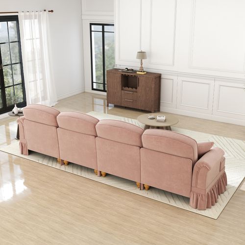 Canapé 4 Places Modulable En Chenille Rose, Jupe Amovible Et Pieds Tournés - Style Mid-century