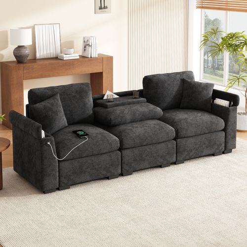 Canapé 3 Places 242x80x88 Cm En Chenille Gris, Dossiers Rabattables, Ports USB Et Porte-gobelet