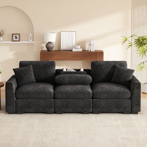 Canapé 3 Places 242x80x88 Cm En Chenille Gris, Dossiers Rabattables, Ports USB Et Porte-gobelet