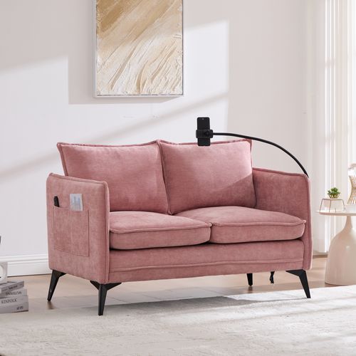 Canapé 2 Places 127x69x66 Cm En Chenille Rose, Porte-téléphone Réglable Et Rangement Latéral