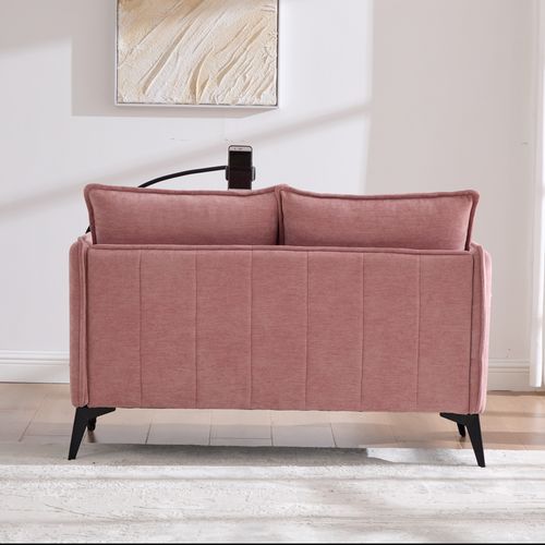 Canapé 2 Places 127x69x66 Cm En Chenille Rose, Porte-téléphone Réglable Et Rangement Latéral