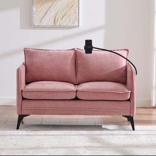 Canapé 2 Places 127x69x66 Cm En Chenille Rose, Porte-téléphone Réglable Et Rangement Latéral
