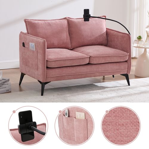 Canapé 2 Places 127x69x66 Cm En Chenille Rose, Porte-téléphone Réglable Et Rangement Latéral