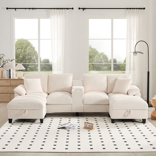 Canapé D'angle En U 293x142x93 Cm Velours Côtelé Beige, Modulable 4-5 Pers, Rangement Et USB