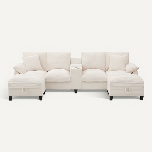Canapé D'angle En U 293x142x93 Cm Velours Côtelé Beige, Modulable 4-5 Pers, Rangement Et USB