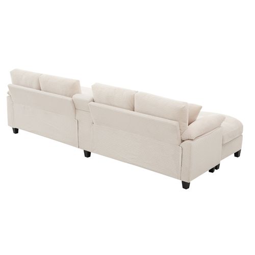 Canapé D'angle En U 293x142x93 Cm Velours Côtelé Beige, Modulable 4-5 Pers, Rangement Et USB