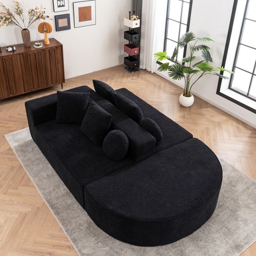 Canapé Compressé Transformable En Sofa 2 Places En Chenille Noire,mousse Intégrale,prêt à L'emploi