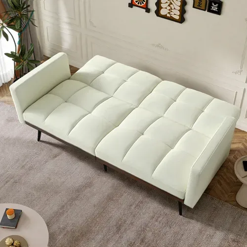 Canapé 146 Cm En Lin Beige, Convertible 5 Positions Jusqu'à 180°, Style Mid-century Avec Pieds Métal
