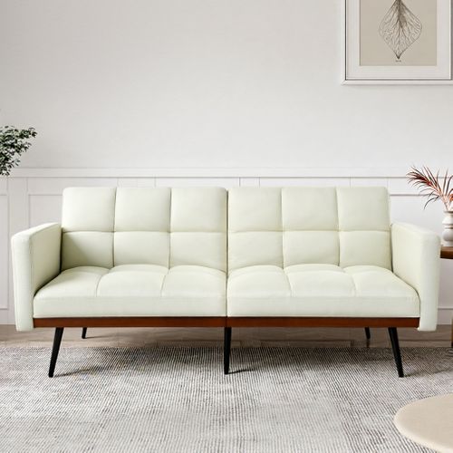 Canapé 146 Cm En Lin Beige, Convertible 5 Positions Jusqu'à 180°, Style Mid-century Avec Pieds Métal