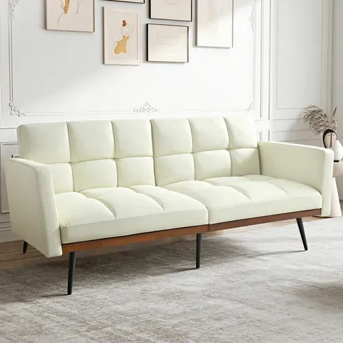 Canapé 146 Cm En Lin Beige, Convertible 5 Positions Jusqu'à 180°, Style Mid-century Avec Pieds Métal