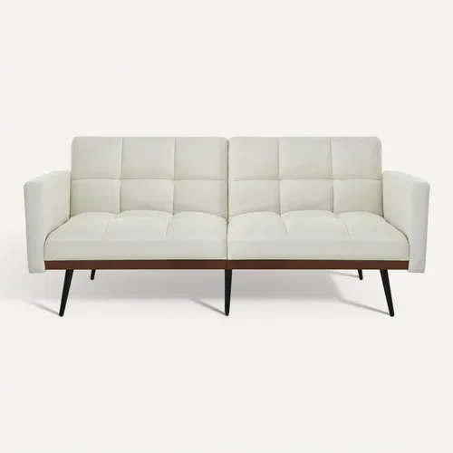 Canapé 146 Cm En Lin Beige, Convertible 5 Positions Jusqu'à 180°, Style Mid-century Avec Pieds Métal