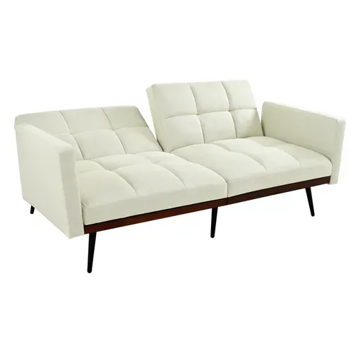 Canapé 146 Cm En Lin Beige, Convertible 5 Positions Jusqu'à 180°, Style Mid-century Avec Pieds Métal