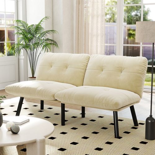 Canapé Modulable 2 Places En Velours Crème, Fonction Couchage Idéale Pour Petits Espaces