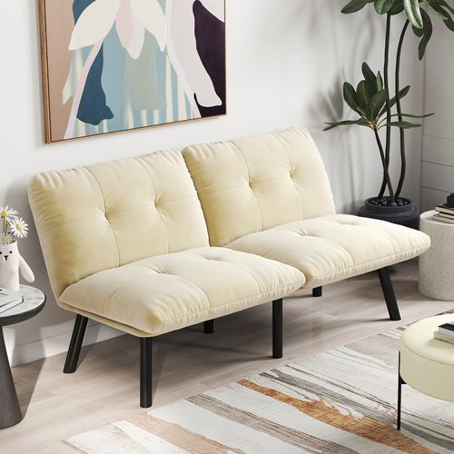 Canapé Modulable 2 Places En Velours Crème, Fonction Couchage Idéale Pour Petits Espaces