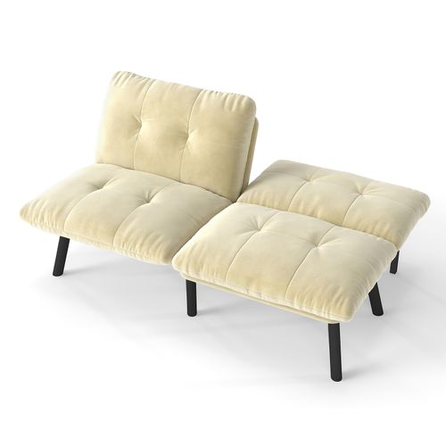 Canapé Modulable 2 Places En Velours Crème, Fonction Couchage Idéale Pour Petits Espaces