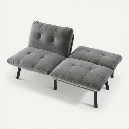 Canapé Adulte Pliant 2 Places En Velours Gris Avec Structure Métal Et Mousse, Gain De Place