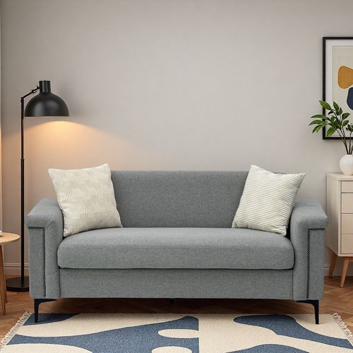 Canapé Scandinave 3 Places En Tissu Gris Clair, Assise Profonde 136 Cm, Pieds Métal Noirs