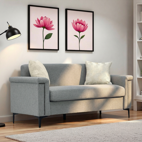 Canapé Scandinave 3 Places En Tissu Gris Clair, Assise Profonde 136 Cm, Pieds Métal Noirs