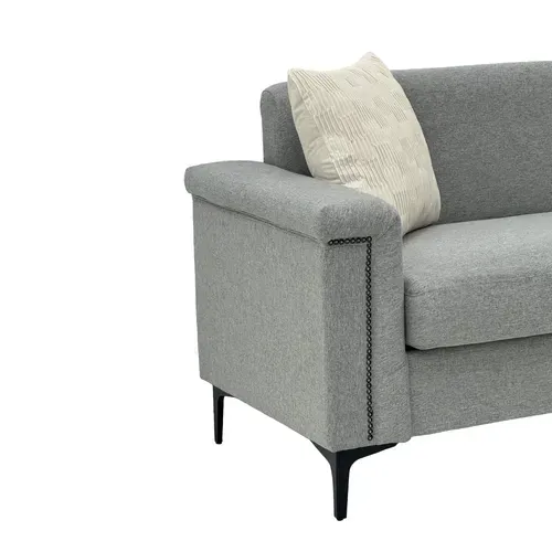 Canapé Scandinave 3 Places En Tissu Gris Clair, Assise Profonde 136 Cm, Pieds Métal Noirs