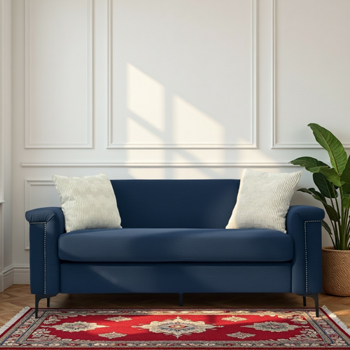 Canapé 2 Places 172 Cm En Tissu Lin 100 % Polyester Bleu, Pieds Métal 15 Cm Et Détails Cloutés