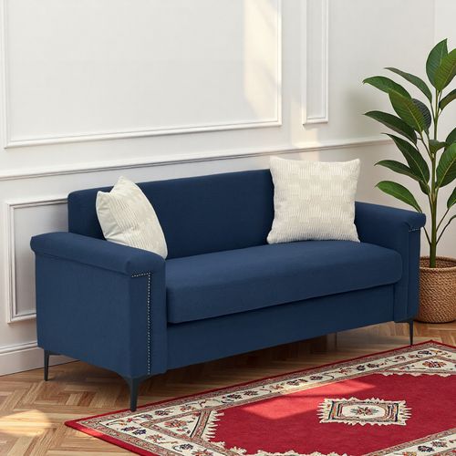 Canapé 2 Places 172 Cm En Tissu Lin 100 % Polyester Bleu, Pieds Métal 15 Cm Et Détails Cloutés