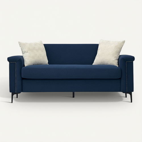 Canapé 2 Places 172 Cm En Tissu Lin 100 % Polyester Bleu, Pieds Métal 15 Cm Et Détails Cloutés